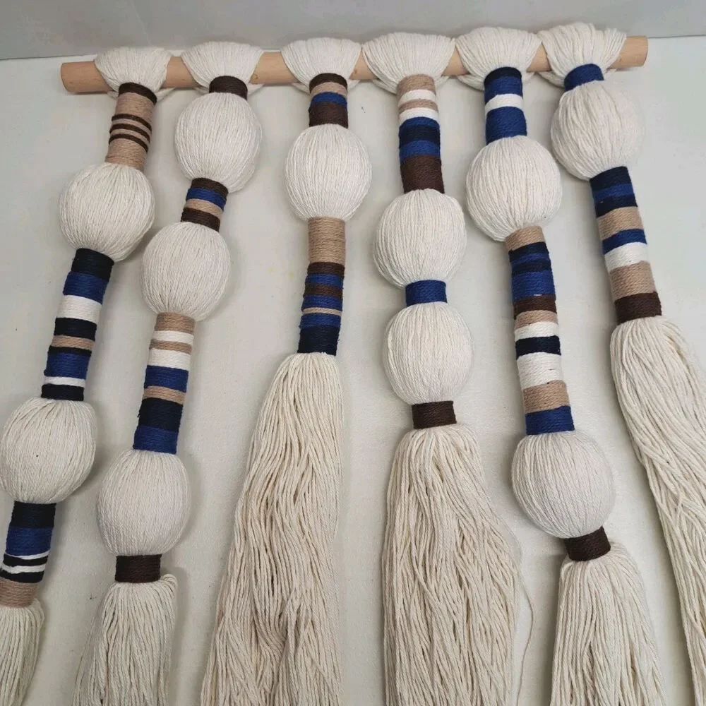 Macrame Wall Hanging Woven Tapestries Handmade Cotton Yarn with Ball Blue